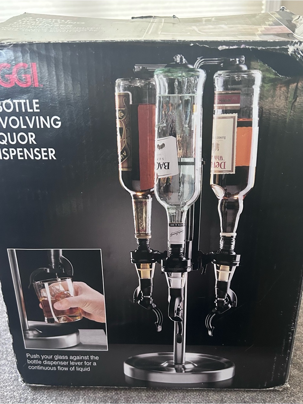 Oggi Black and Silver 3-Bottle Revolving Liquor Dispenser